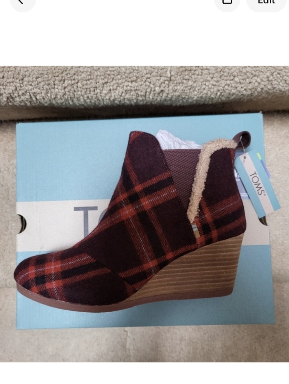 Toms Kelsey Barn Red Earthy Plaid Wedge Boots Size 8, New With Tags
